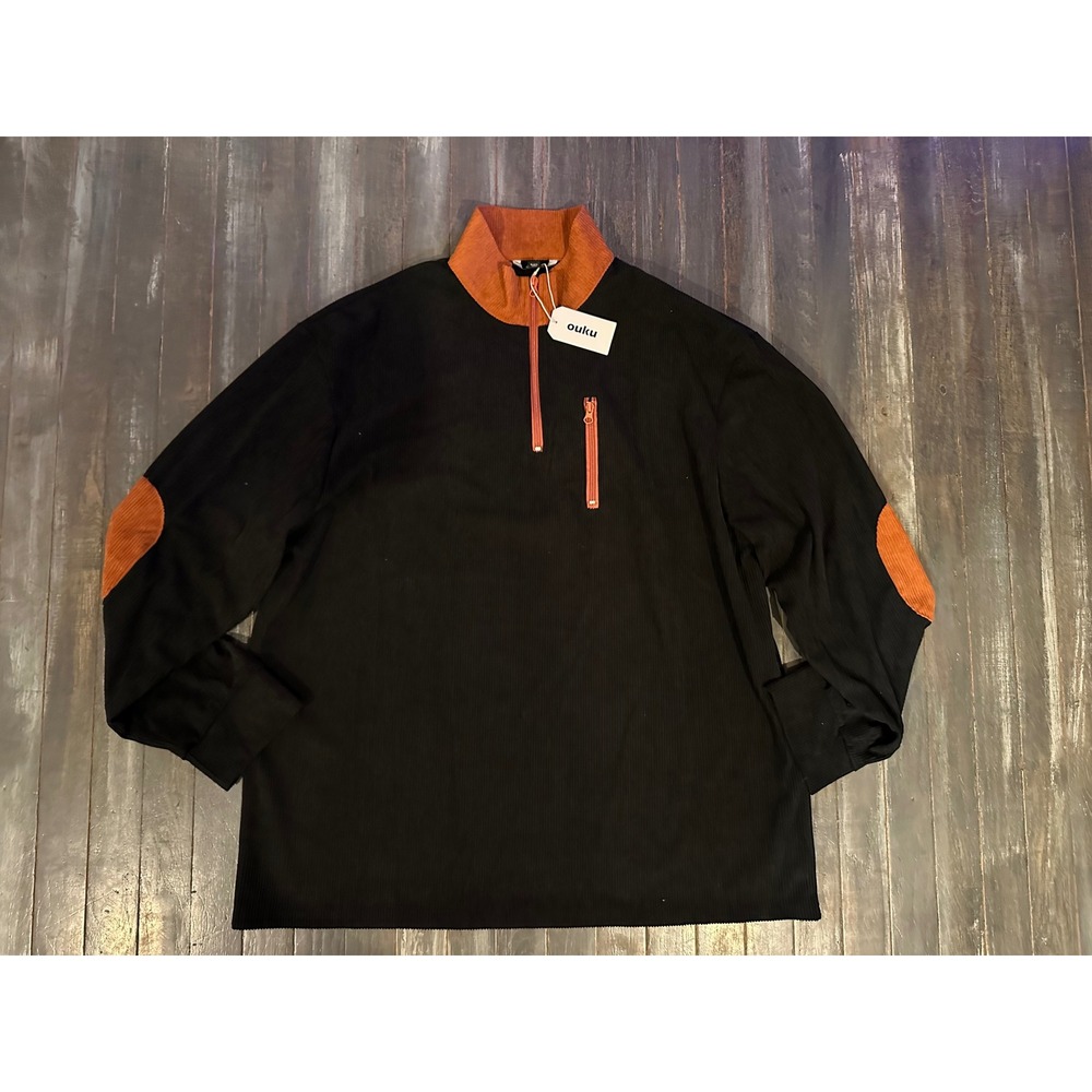 Ouku Mens Quarter Zip Pullover Black Corduroy Elbow Patch Mock Neck Shirt